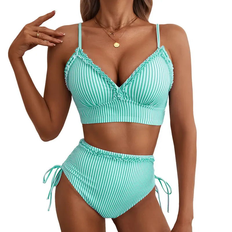 Aneta | Pásikavé bikiny s vysokým pásom a nastaviteľným viazaním