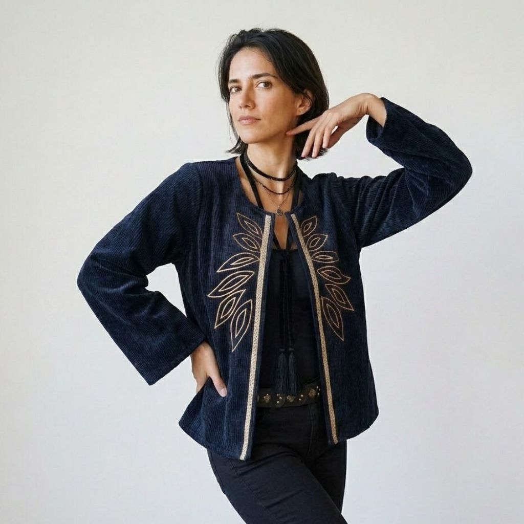 Daniela | Voľná otvorená bunda zo zmesi polyesteru a bavlny so širokými rukávmi a výšivkou
