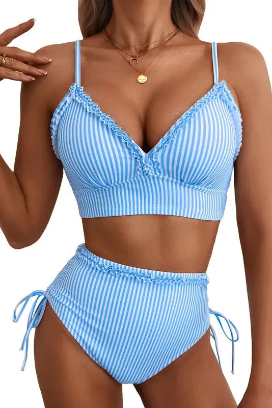 Aneta | Pásikavé bikiny s vysokým pásom a nastaviteľným viazaním