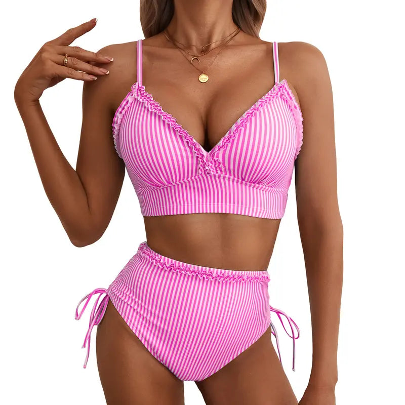 Aneta | Pásikavé bikiny s vysokým pásom a nastaviteľným viazaním