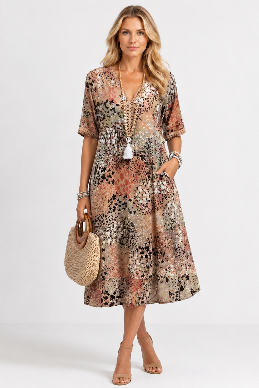 Boleslava | Kvetinové boho midi šaty s výstrihom do V